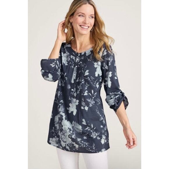 Soft Surroundings Tops - Soft Surroundings Blue Floral Tunic Top Roll Tab Sleeve Size L